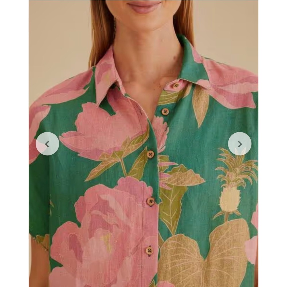 Farm Rio Green Wild Peonies Linen Pants Floral Pineapple Tassel Size L and top - Picture 13 of 16